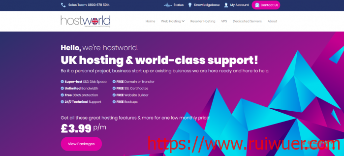 hostworld:£3.49/月/1GB内存/40GB SSD空间/不限流量/1Gbps端口/DDOS/免费备份/KVM/英国/芝加哥-瑞吾尔