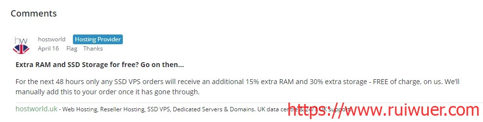 hostworld:英国KVM VPS,免费送15%内存和30%空间,1Gbps端口、不限流量,512MB内存,月付2.99英镑