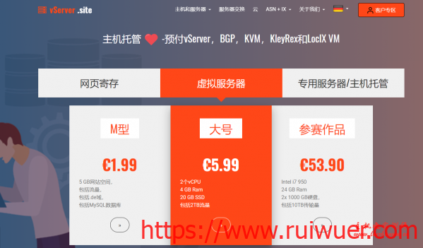 vServer.site:€2/月/1GB内存/5GB SSD空间/不限流量/200Mbps端口/KVM/德国