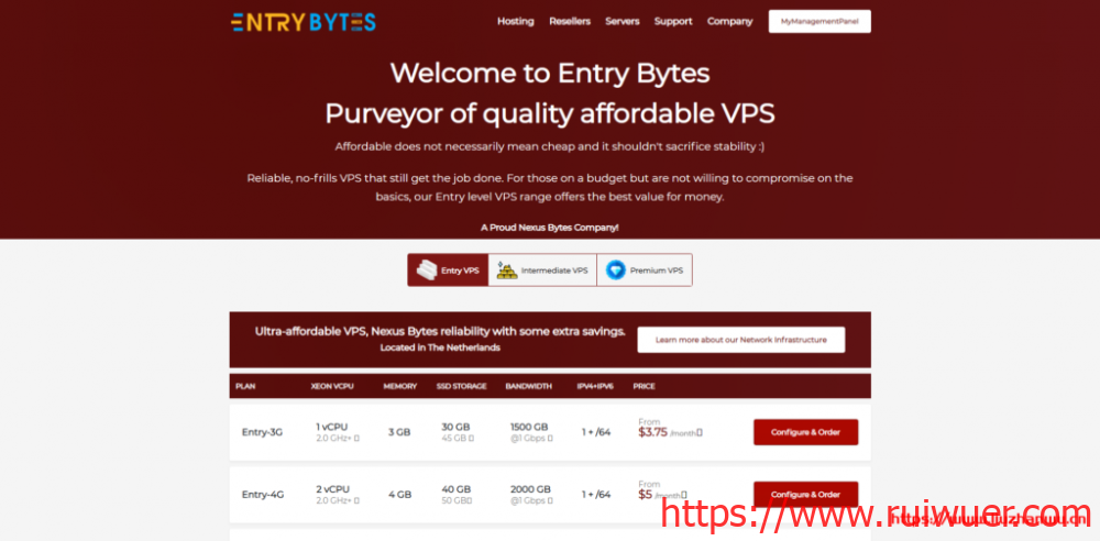 EntryBytes:$38.25/年/3GB内存/30GB SSD空间/1.5TB流量/1Gbps端口/荷兰/洛杉矶/纽约-瑞吾尔
