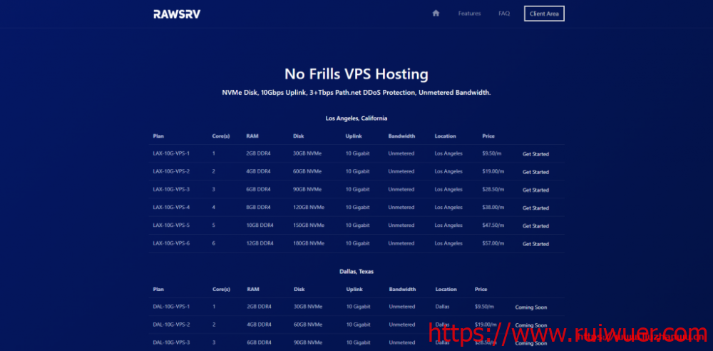 rawSRV:$9.5/月/1核/2GB内存/30GB NVMe空间/不限流量/10Gbps端口/DDOS/KVM/洛杉矶-瑞吾尔
