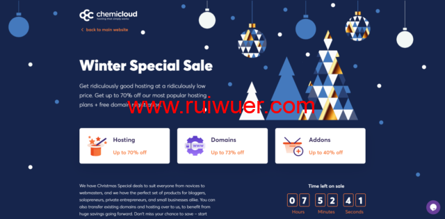 ChemiCloud:冬季促销,虚拟主机$2.99/月起,经销商主机享受70% 折扣,$2.99/月起,Cloud VPS首月50%折扣-瑞吾尔