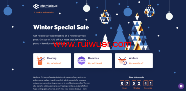 ChemiCloud：冬季促销，虚拟主机$2.99/月起，经销商主机享受70% 折扣，$2.99/月起，Cloud VPS首月50%折扣-瑞吾尔