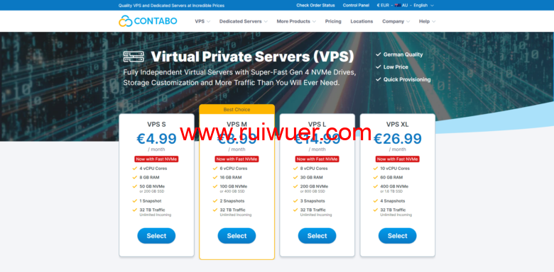 Contabo：美国、德国、新加坡等机房可选，4核8G高性价比VPS，200M-1Gbps不限流量，月付6.99美元起-瑞吾尔
