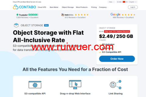Contabo：上线对象存储，限时8折优惠，不限流量，支持S3API，1.99欧250G/月-瑞吾尔