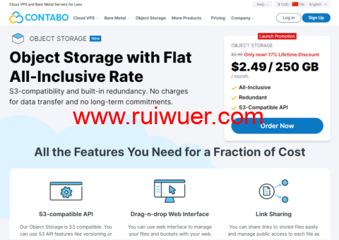 Contabo:美国对象存储( Object Storage)上线,不限流量,限时8折终身优惠,$2.49(250G/月),可选德国/美国/新加坡-瑞吾尔