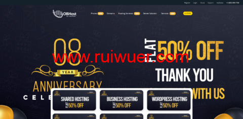 #八周年促销#OBHos:全场五折,SSL证书$2.55/年,linux vps $3.6/月起,站群vps/游戏服务器,$15/月起,可选新加坡/美国/巴基斯坦/法国/加拿大机房-瑞吾尔