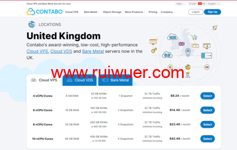 #上新#Contabo:英国机房VPS,免设置费,4核/8G内存/50 GB NVMe 或200 GB SSD硬盘/32TB流量/200M-1Gbps带宽,$8.24/月起,VDS$49.99/月起,裸金属服务器$329.99/月-瑞吾尔