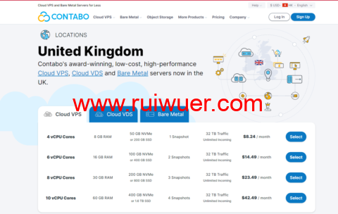 #免安装费#contabo：英国机房，4核/8G内存/200G SSD硬盘/32T流量/200Mbps带宽，€5.99/月起-瑞吾尔