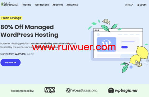 SiteGround：80%折扣，WordPress官方推荐主机，月付$2.99起，免费电子邮件、SSL、CDN、备份、站点转移-瑞吾尔