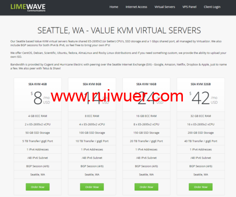 #黑五#Limewave:美国西雅图机房vps,2核/32GB内存/50GB SSD/不限流量/1Gbps带宽,$7/月-瑞吾尔