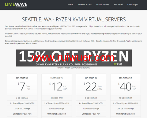 Limewave:上线AMD Ryzen 3900X系列VPS/85折优惠,美国西雅图机房,1核/2GB内存/25GB SSD/不限流量/1Gbps带宽,$5.95/月起-瑞吾尔