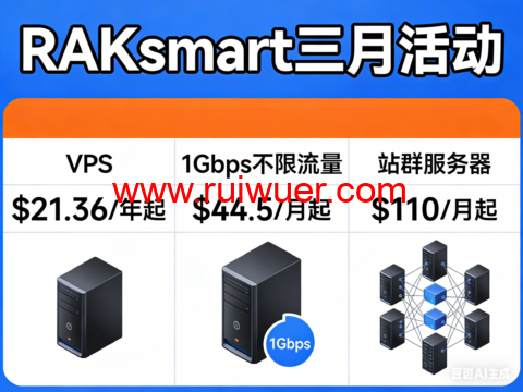RAKsmart 三月活动：VPS $21.36/年起，1Gbps不限流量 $44.5 / 月起，站群服务器 $110 / 月起-瑞吾尔